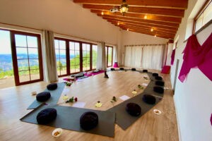 Bodhi Bhavan meditation hall with a view over the Portuguese countryside.