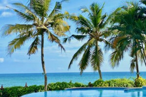 Ausruhen am Infinity-Swimmingpool mit Meerblick in einem romantischen Garten mit exotischen Blumen.